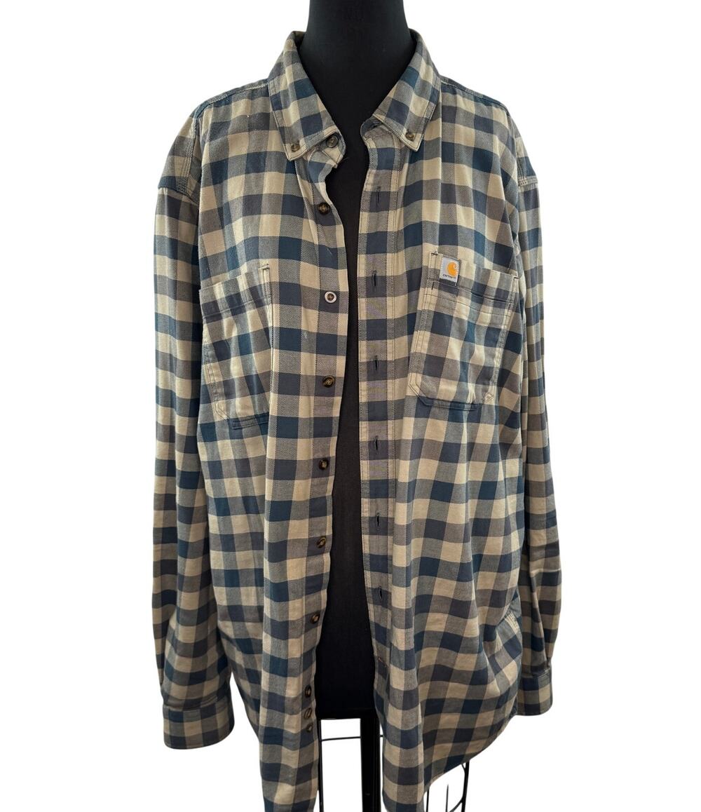 Carhartt Beige Navy Flannel Shirt Cotton Plaid Relaxed Button-Down Size XL TALL